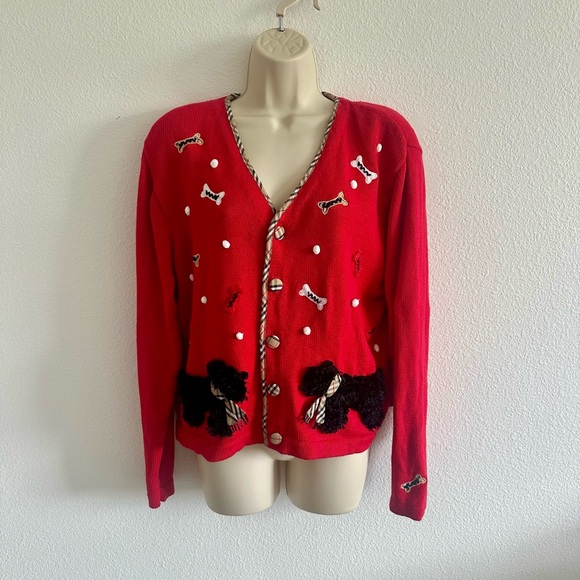 Jack B Quick XL Novelty Scottie Dog Cardigan Sweater Red Tartan Plaid Embroidery - Picture 1 of 10
